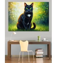 Yeşil Gözlü Kara Kedi Dekoratif Kanvas - Mdf Ahşap Tablo