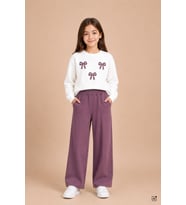 Bordo Kız Çocuk Fiyonk Desenli Sweatshirt Geniş Paça Eşofman Takımı 24828
