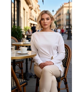 Kadın Büyük Beden Bluz Asimetrik Yaka Uzun Düşük Kol Dokuma Kumaş Relaxed Kalıp Düz Desen Şık