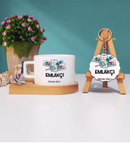 Emlakçı Tasarımlı Kişiye Özel Hediye Emlakçı Ahşap Altlıklı Fincan ve Anahtarlık Hediye Seti