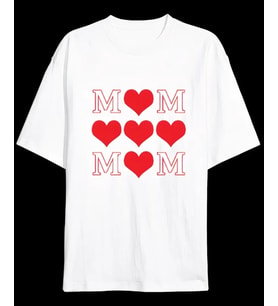 Anneler Günü Hediye MOM Kalp Baskılı Oversize Bisiklet Yaka T-shirt - Beyaz