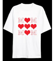 Anneler Günü Hediye MOM Kalp Baskılı Oversize Bisiklet Yaka T-shirt - Beyaz