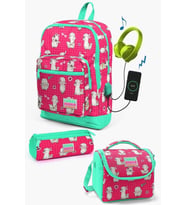 Coral High Kids Neon Mercan Su Yeşili Alpaka Desenli USB'li 3’lü Okul Çanta Seti - Kız Çocuk