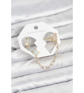 Yıldız Model Pirinç Gold Renk Zincir Bağlantılı Ear Cuff Küpe Seti - EBJ260109W38946 (Renksiz)