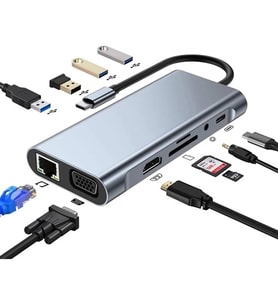 Plentiful TYPE-C Hub 11in1 USB C 5 Gbps 4K HDMI,VGA, PD,USB3.0, Ethernet,SD/TF AUX Macbook Pc Çoklayıcı Dönüştürücü