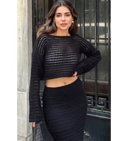 Kadın Siyah Merserize Triko Örme, Salaş Kesim, Terletmez, Ajurlu Crop Bluz