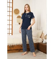 Kadın Pijama Takımı-Pamuk Penye Kumaş-3 Düğmeli 12607 ENİSENA (Koyu Lacivert)