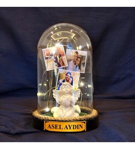 Kişiye Özel İsimli ve 3 Fotoğraflı Fanus, Beyaz Melekli ve Led Işıklı 
