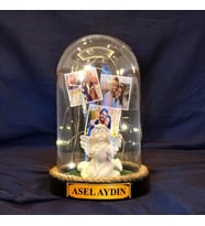 Kişiye Özel İsimli ve 3 Fotoğraflı Fanus, Beyaz Melekli ve Led Işıklı 