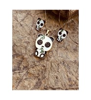 Şaşkın Panda Mineli Altın Renk Paslanmaz Çelik Çocuk Küpe Kolye Set (Gold)