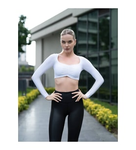Beyaz Göğsü Büzgülü Uzun Kollu Spor Crop Büstiyer ( Sporcu Bra )