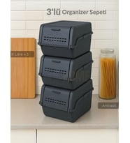 3'lü Set Organizer Erzak Kutusu Bpa Free Saklama Kutusu Soğanlık Sebzelik Sepet Antrasit 8 Lt x 3