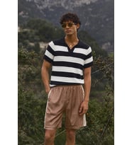 Erkek Oversize Kalın Örgü Polo Yaka Triko Fileli Tişört Çizgili Vintage Yazlık Rahat Fit