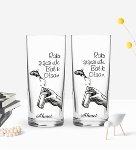 BK Gift Kişiye Özel Renkli Baskılı Rakı Şişesinde Balık Olsam Tasarımlı İkili Rakı Bardağı Seti-1 (Beyaz)
