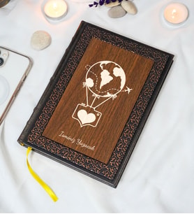 Kişiye Özel Balon Desenli Termo Deri + Ahşap Anı Defteri - Çizgili Defter - Hediyelik (15x21 cm - 320 Sayfa) A5