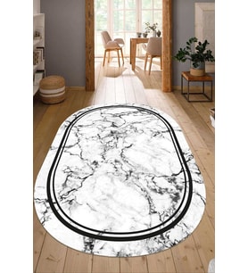 Dijital Baskılı Kaymaz Taban Yıkanabilir Oval Salon Halısı Mutfak Halısı Yolluk NDO-HT-794 (Beyaz)