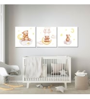 3'lü Kare Kanvas Bebek Odası Soft Sarı Ayıcık ve Bulut Tablosu