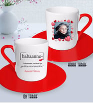 BK Gift Kişiye Özel Fotoğraflı Babaanne Tasarımlı Kırmızı Türk Kahvesi Fincanı-1 (Beyaz)
