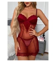 Göğüs Cuplu Dantelli Mini Gecelik String 2 Parça Takım (Kırmızı)