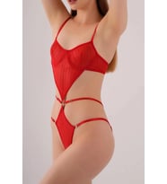 Transparan Kırmızı Dekolteli Balenli Fantazi İç Giyim Body DL1409