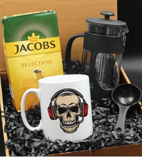 Özel Tasarımlı Kulaklıklı Kuru Kafa Kupa & French Press & 250 Gram Jacobs Selection Filtre Kahve Hediye Seti