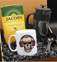 Özel Tasarımlı Kulaklıklı Kuru Kafa Kupa & French Press & 250 Gram Jacobs Selection Filtre Kahve Hediye Seti