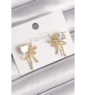 Pirinç Gold Renk Zirkon Taşlı Kurdele Model Kadın Küpe - TJ-BKP9776