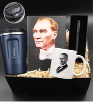 Kişiye Özel Lacivert Dereceli 350 ML Çelik Termos & Mustafa Kemal Atatürk Resimli Defter & Siyah Mat Roller Kalem & Atatürk Kupa Hediye Seti
