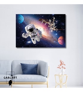 Tekli Yatay Kanvas Duvar Tablosu Uzay Astronot ve Uydu