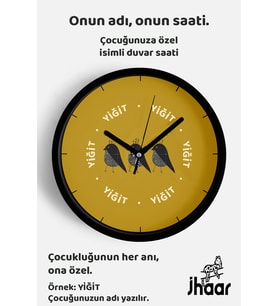 İsme Özel Sevimli Kuş Çocuk Odası Duvar Saati Orta Boy 30 cm Siyah Camlı Sessiz