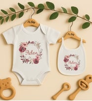 Pia Baby Premium %100 Pamuk İsme Özel Organik Baskılı Çıtçıtlı Bebek Body Ve Önlük 5008-20 (Ekru)