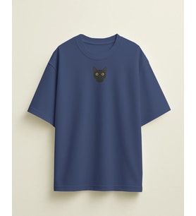 Erkek Siyah Kedi Baskılı Oversize Tişört – Minimal Black Cat Tasarım (Lacivert)