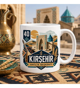 Kırşehir Temalı Hediyelik Kupa Bardak - 40 Plaka Ahilik Başkenti Minimalist Vektörel Baskılı Özel Tasarım Kupa