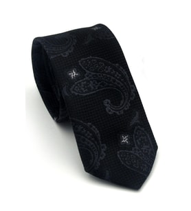 Gri Şal Desenli Siyah Dokuma Kumaş Mendilli Slim Fit Kravat // SDK-2604-3