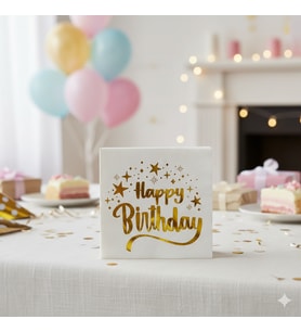 Varaklı Happy Birthday Yazılı Peçete - Beyaz Zemin Yıldız Desenli