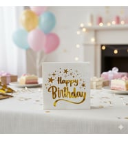 Varaklı Happy Birthday Yazılı Peçete - Beyaz Zemin Yıldız Desenli