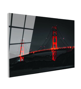 Tamperli Gerçek Cam Tablo Golden Gate Köprüsü Gece Aydınlatması Şehir Mimari Tablo Duvar Dekoru