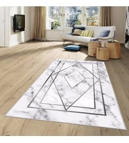 Beyaz Gri İşleme Mermer Yıkanabilir Kaymaz Taban Leke Tutmaz Modern Salon Halısı ve Yolluk (Gümüş)