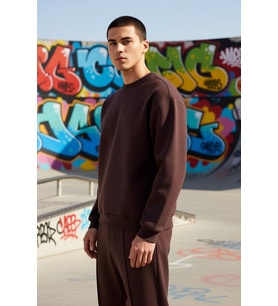 Erkek Bisiklet Yaka Düşük Kol Oversize Kalın Nakışlı Sweatshirt Fonksiyonel Dayanıklı Spor