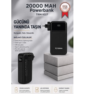 Torima Taşınabilir 20000 Mah Type-C Lightning Hızlı Şarj Dijital Göstergeli 22,5W Powerbank TRM-1027 Siyah