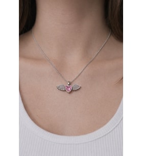 Pembe Kalp Melek Kanatlı Kadın Çelik Kolye