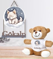 Kişiye Özel Bebek Kapı Süsü ve Peluş Ayıcık Seti – Baby Shower / Hastane Odası