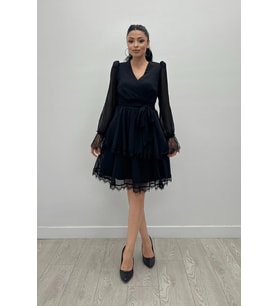 Sifon Kumaş Kruvaze Yaka Mini Elbise - SİYAH