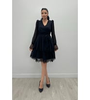 Sifon Kumaş Kruvaze Yaka Mini Elbise - SİYAH