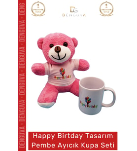 #AyıcıkSeti Happy Birthday Baskılı Tişörtlü Peluş Pembe Hediye Ayıcık Porselen Kupa Bardak Seti