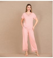 Amora Secret Viskon Şık Tasarım Dantel İşlemeli Açık Pembe Kısa Kol Pijama Takımı