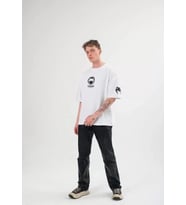 pilelistore- Unisex Bisiklet Yaka Baskılı Oversize T-Shirt - Beyaz