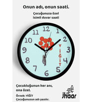 İsme Özel Kırmızı Balonlu Kedi Çocuk Odası Duvar Saati Orta Boy 30 cm Siyah Camlı Sessiz
