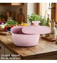 20 Cm Granit Köşeli Derin Tencere Alüminyum Kapak - Pembe