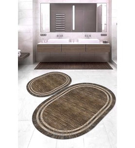 Dijital Baskılı Kaymaz Taban Yıkanabilir Oval 2'li Klozet Takımı Banyo Paspası NOKZ-HY-1308 (Kahverengi)